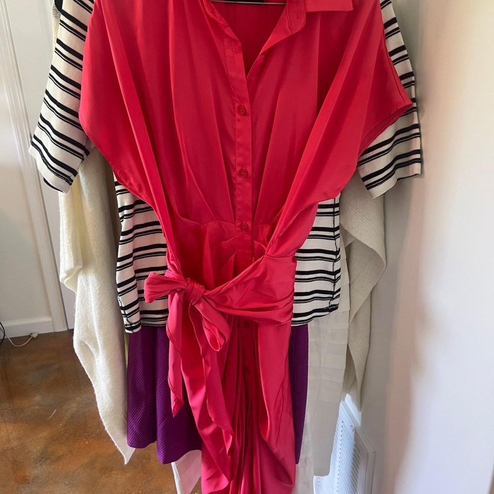 Vibrant Pink Button-Up Dress with Tie Waist